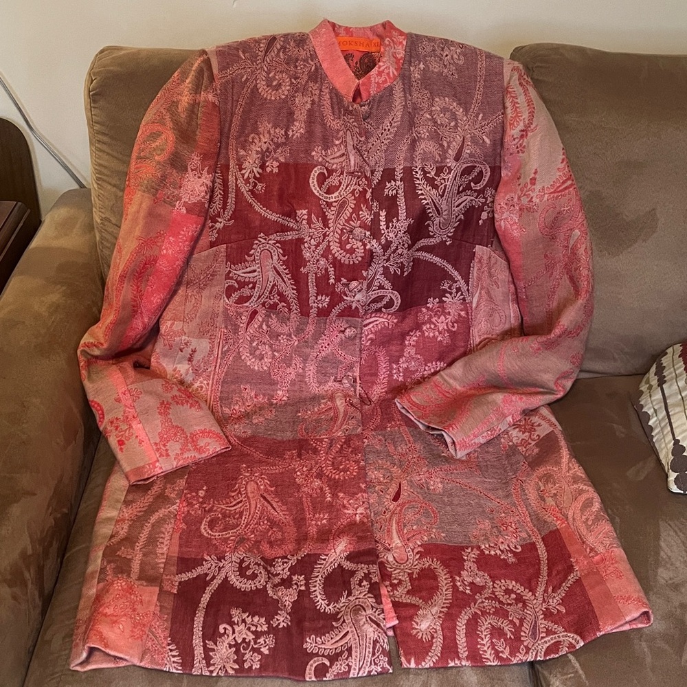 Anthropologie Moksha pink embroidered tapestry long wool jacket coat